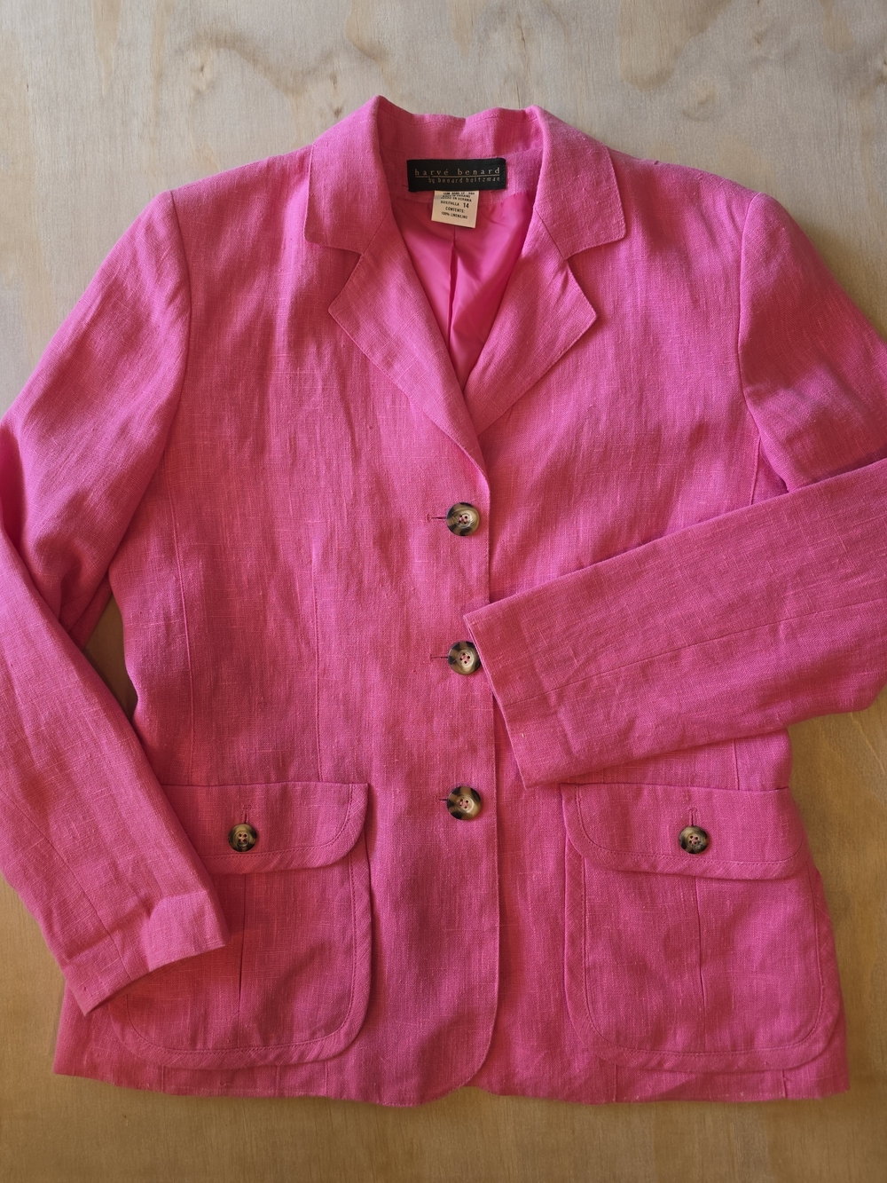Harve Benard Vintage 100% Linen Blazer Jacket 14 Pink Fuchsia Structured Texture